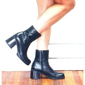 VTG Y2K Nine West Blk Leather Ankle Boot Square Toe Chunky Block Heel 8.5M